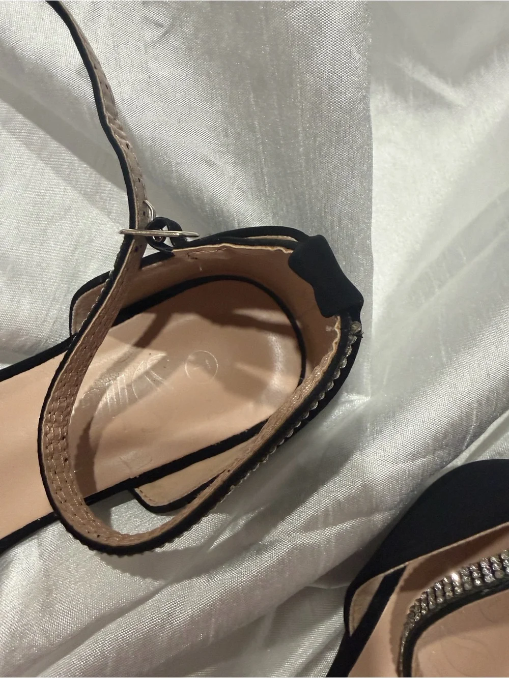 SHEIN Black Pointed-Toe Rhinestone Bow Ankle-Strap Flats